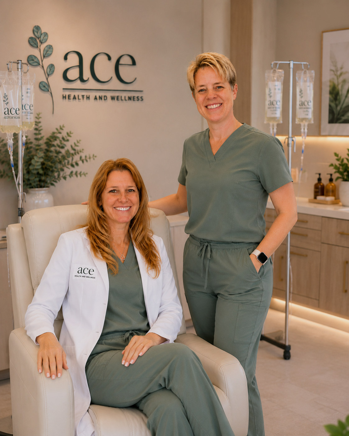 Cheryl and Hannah together in the ACE Health and Wellness clinic, beneath the ACE logo